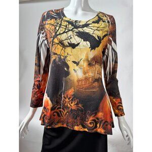 Halloween Castle & Cat Print Long Sleeve Tunic Top